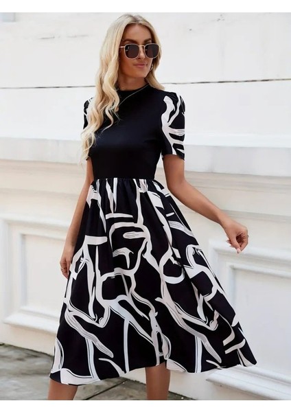 Mottisfashion Kadın Kısa Kollu Yarı Balıkçı Yaka Üst Viskon Alt Desenli Dokuma Midi Elbise