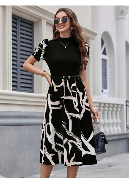 Mottisfashion Kadın Kısa Kollu Yarı Balıkçı Yaka Üst Viskon Alt Desenli Dokuma Midi Elbise
