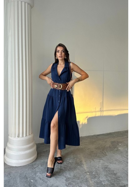 Mottisfashion Müslin Elbise Gömlek Yaka Kolsuz Önden Düğmeli - Lacivert