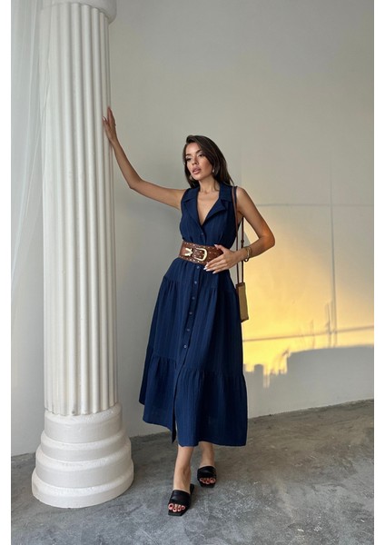 Mottisfashion Müslin Elbise Gömlek Yaka Kolsuz Önden Düğmeli - Lacivert fiyatları