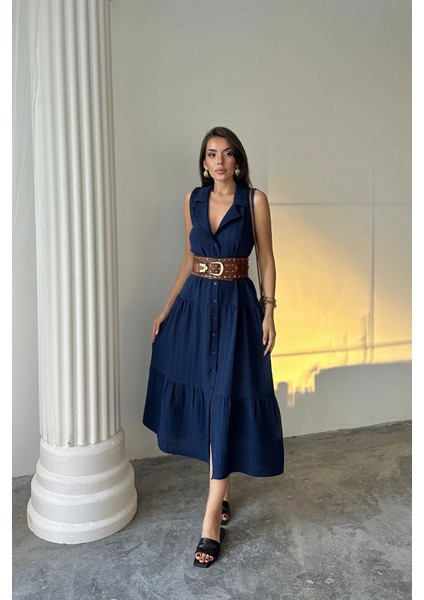 Mottisfashion Müslin Elbise Gömlek Yaka Kolsuz Önden Düğmeli - Lacivert modelleri