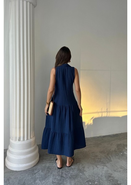 Mottisfashion Müslin Elbise Gömlek Yaka Kolsuz Önden Düğmeli - Lacivert fırsatları