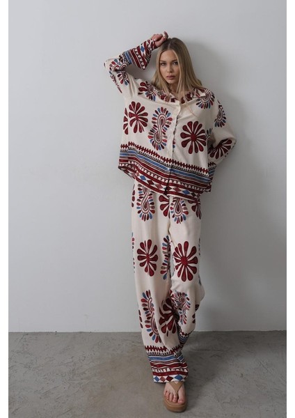 Mottisfashion Desenli Kolları Volanlı Pantolon Takım - Kırmızı