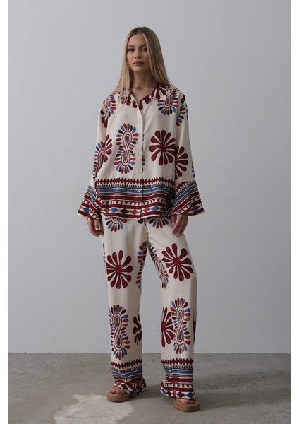 Mottisfashion Desenli Kolları Volanlı Pantolon Takım - Kırmızı fiyatları