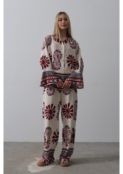 Mottisfashion Desenli Kolları Volanlı Pantolon Takım - Kırmızı modelleri