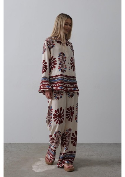 Mottisfashion Desenli Kolları Volanlı Pantolon Takım - Kırmızı fırsatları