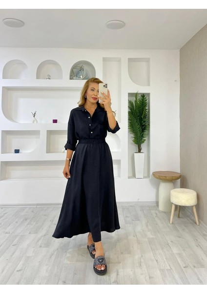 Mottisfashion Kadın Keten Kumaş Gömlek ve Etek Ikili Takim