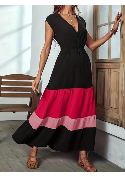 Mottisfashion Kadın Kısa Kollu Kruvaze Yakalı Çok Renkli Aerobin Elbise