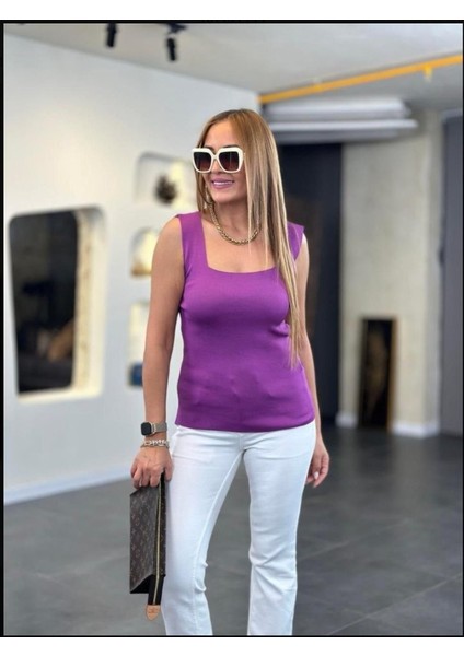 Mottisfashion Kare Yaka Kalın Askılı Beyaz Triko Bluz