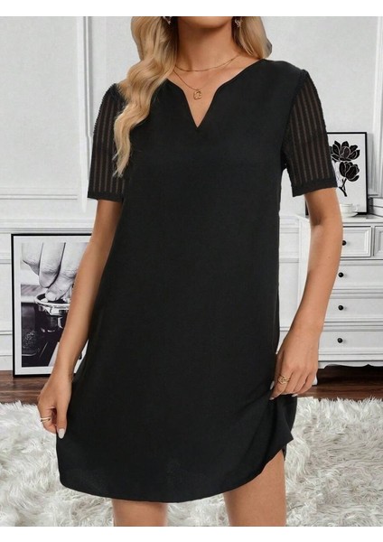 Mottisfashion Kadın Kısa Kollu V Yakalı Kısa Janjan Krep Elbise