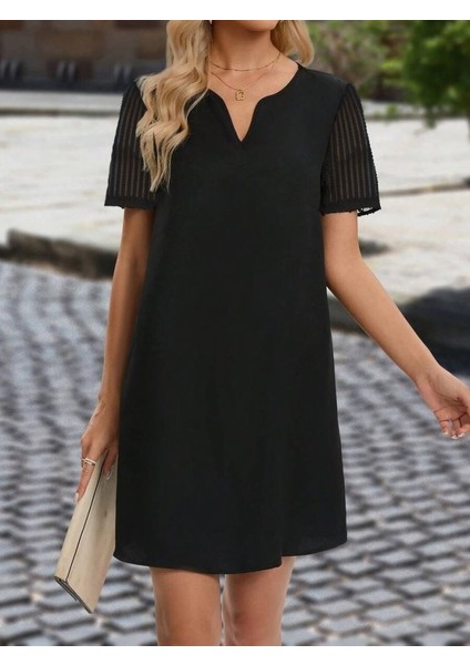 Mottisfashion Kadın Kısa Kollu V Yakalı Kısa Janjan Krep Elbise modelleri