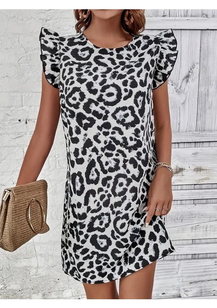 Mottisfashion Kadın Kısa Kollu Kolları Fırfır Detay Arkası Bağlamalı Leopar Desen Kolsuz Mini Mikro Elbise