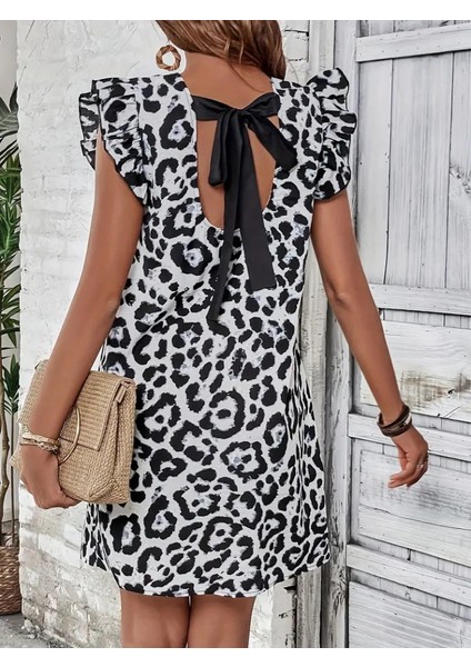 Mottisfashion Kadın Kısa Kollu Kolları Fırfır Detay Arkası Bağlamalı Leopar Desen Kolsuz Mini Mikro Elbise fiyatları