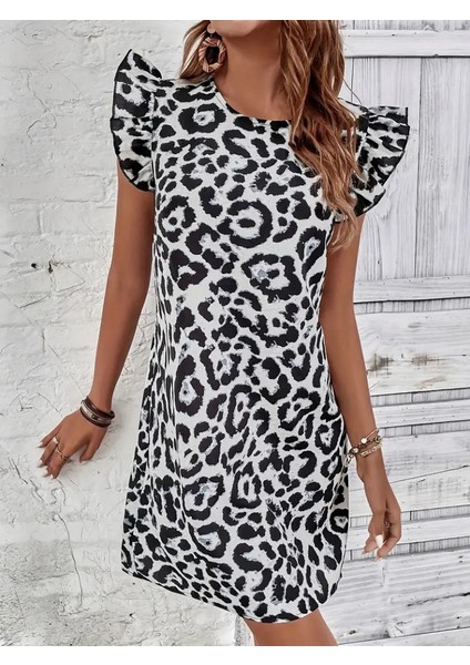 Mottisfashion Kadın Kısa Kollu Kolları Fırfır Detay Arkası Bağlamalı Leopar Desen Kolsuz Mini Mikro Elbise modelleri