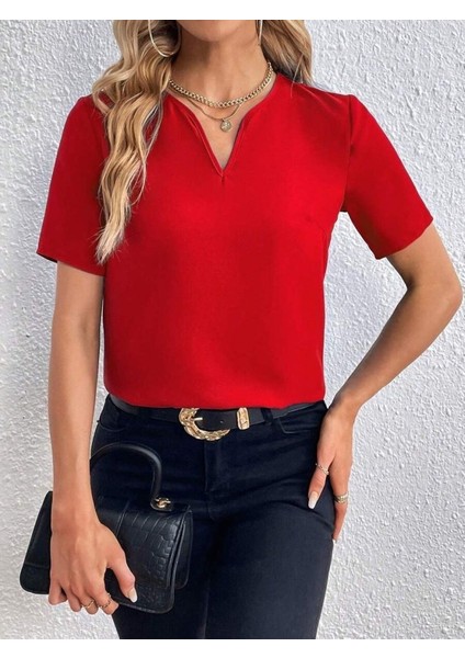 Mottisfashion Kadın Kısa Kollu V Yakalı Ithal Krep Elbise