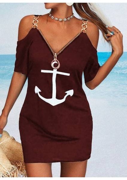 Mottisfashion Fermuar Detay Çıpa Baskılı Zincir Askılı Iki Iplik Elbise - Bordo