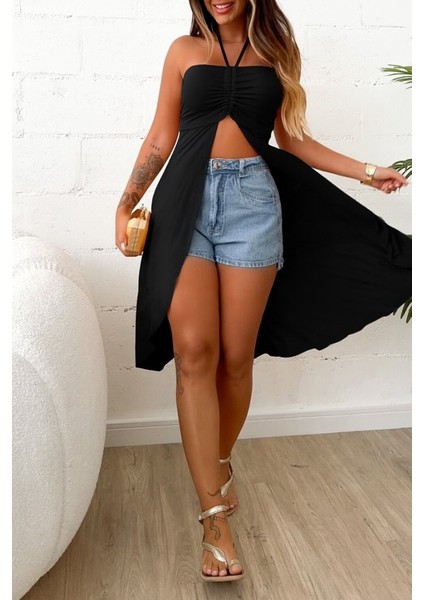 Mottisfashion Kadın Straplez Boyundan Askılı Midi Bluz