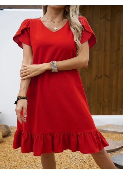 Mottisfashion Kadın Kısa Kollu Bisiklet Yaka Fırfırlı Aerobin Elbise fiyatları