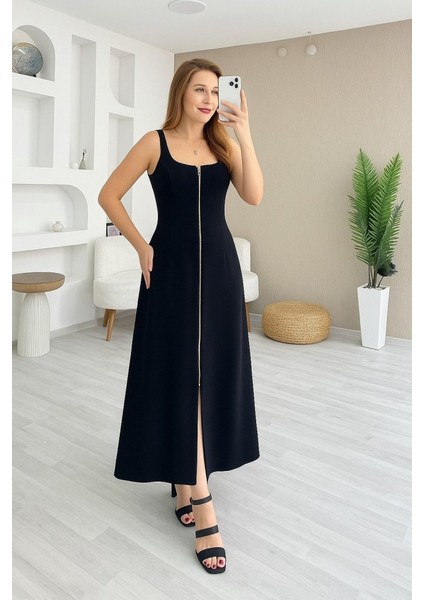 Mottisfashion Kadın Askılı Kare Yaka Önden Fermuarlı Geniş Kesim Janjan Krep Elbise fiyatları