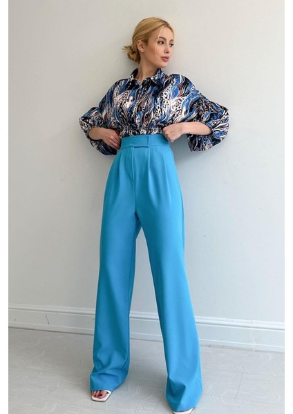 Mottisfashion Beli Lastikli Saten Gömlek - Mavi