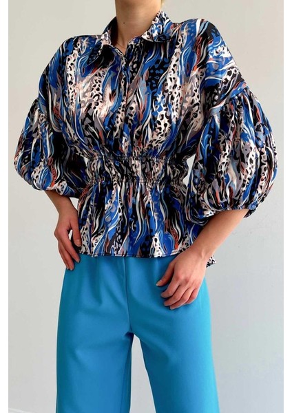 Mottisfashion Beli Lastikli Saten Gömlek - Mavi fiyatları