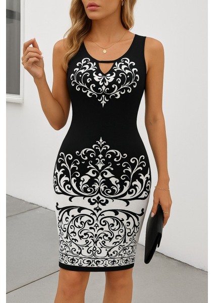 Mottisfashion Kadın Askılı V Yakalı Desenli Dalgıç Elbise