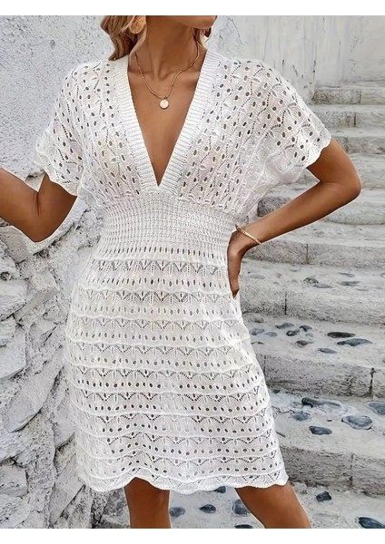 Mottisfashion Kadın Kısa Kollu V Yakalı Örme Triko Elbise fırsatları