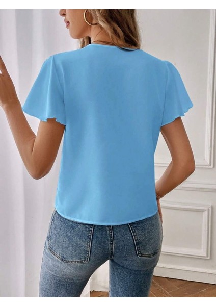 Mottisfashion Kadın Kısa Kollu Kelebek Kollu V Yakalı Sandy Bluz modelleri