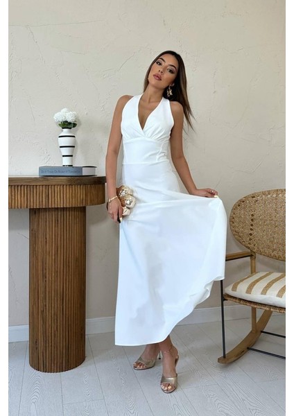 Mottisfashion Ekru Atlas Göğüs Kuplu Elbise