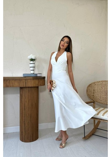 Mottisfashion Ekru Atlas Göğüs Kuplu Elbise fiyatları