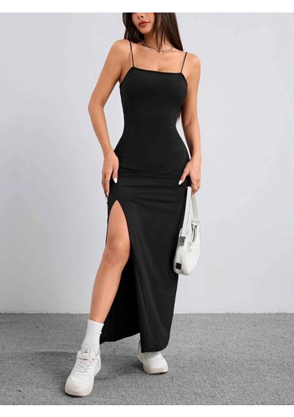 Mottisfashion Kadın Ip Askılı Yandan Yırtmaçlı Janjan Krep Elbise