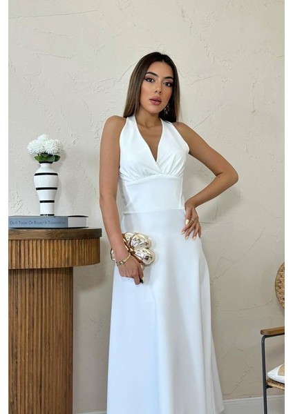 Mottisfashion Ekru Atlas Göğüs Kuplu Elbise modelleri