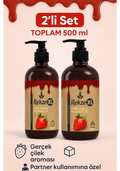 Çiftlere Özel Masaj Yağı Seti – 2 Adet 250 ml Çilek Aromalı Yenilebilir Bakım Yağı