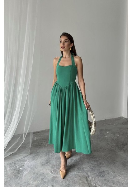 Mottisfashion Yeşil Boyundan Bağlamalı Keten Elbise modelleri