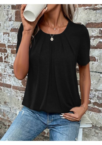 Mottisfashion Kadın Kısa Kollu Yuvarlak Yaka Önden Pileli Salaş Viskon Bluz fırsatları