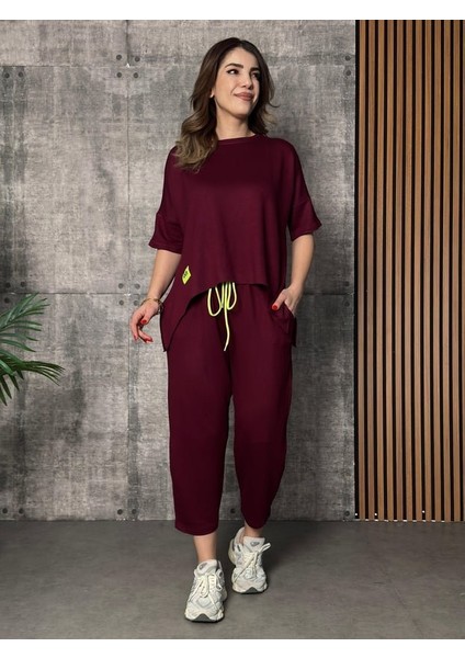 Mottisfashion Kadın Kısa Kollu Bisiklet Yaka Viskon Iki Iplik Bluz ve Pantolon Ikili Takım