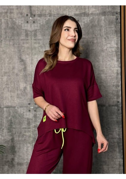 Mottisfashion Kadın Kısa Kollu Bisiklet Yaka Viskon Iki Iplik Bluz ve Pantolon Ikili Takım fırsatları