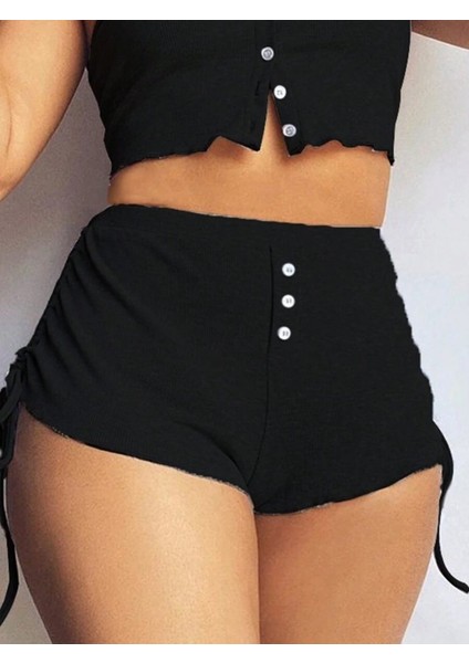 Mottisfashion Kadın Ip Askılı Crop Bluz ve Yanlardan Büzgülü Ikili Kaşkorse Short Takım fırsatları