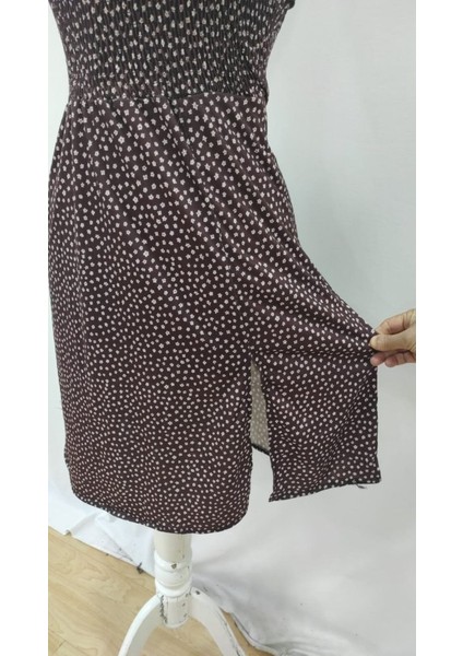 Mottisfashion Kadın Askılı V Yakalı Beli Lastikli Yırtmaçlı Süprem Midi Elbise