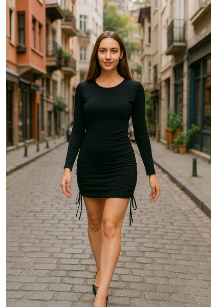 Mottisfashion Kadın Uzun Kol Büzgü Detaylı Sandy Kumaş Ayarlanabilir Boy Fırsat Ürün Elbise