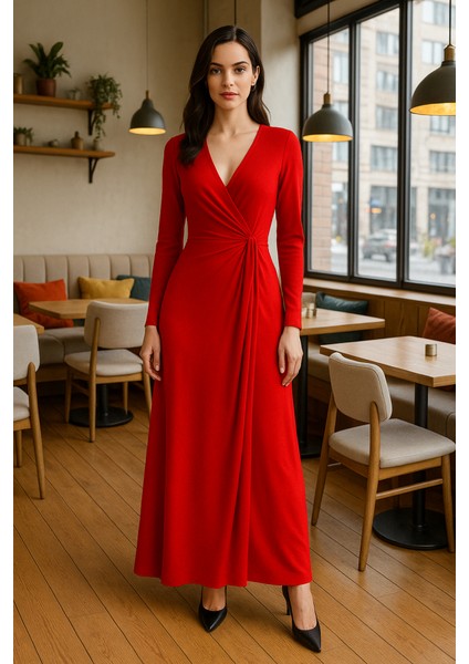 Mottisfashion Kadın Kruvaze Yaka Toka Detay Maxi Boy Elbise