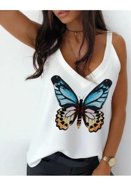 Mottisfashion Kadın Kelebek Baskılı Sandy Kumaş Askılı Bluz