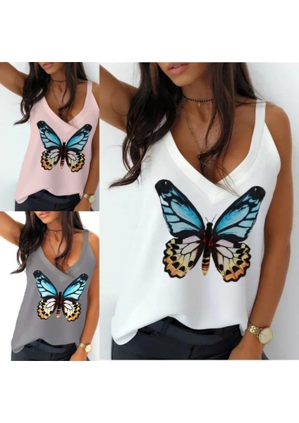 Mottisfashion Kadın Kelebek Baskılı Sandy Kumaş Askılı Bluz modelleri