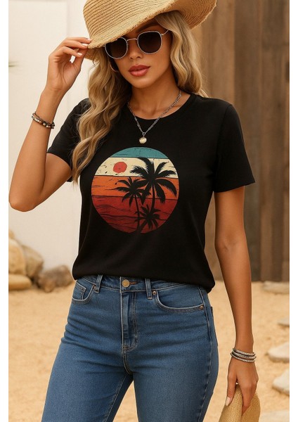 Mottisfashion Kadın Kısa Kollu Palmiye Baskılı Viskon T-Shirt