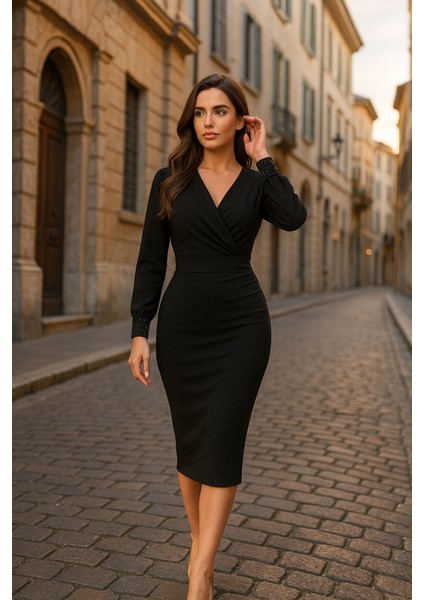 Mottisfashion Kadın Uzun Kollu Kruvaze Yaka Büzgü ve Balon Kol Detay Krep Kumaş Maxi Boy Elbise