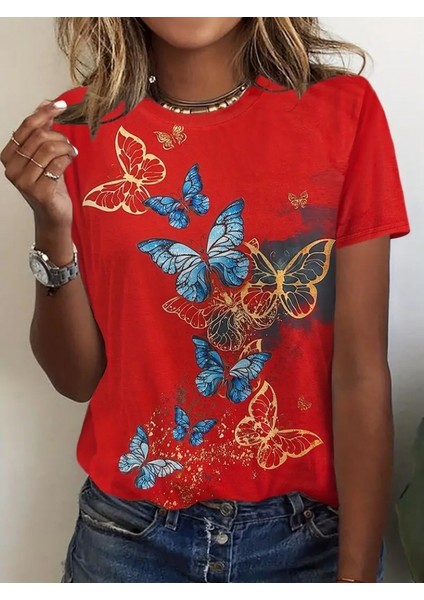 Mottisfashion Kadın Kısa Kollu Mavi Sarı Kelebek Baskı Süprem Bluz modelleri