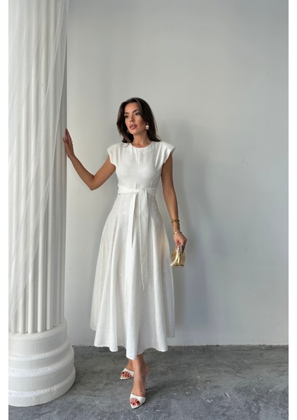 Mottisfashion Jakar Keten Vatkalı Elbise - Beyaz