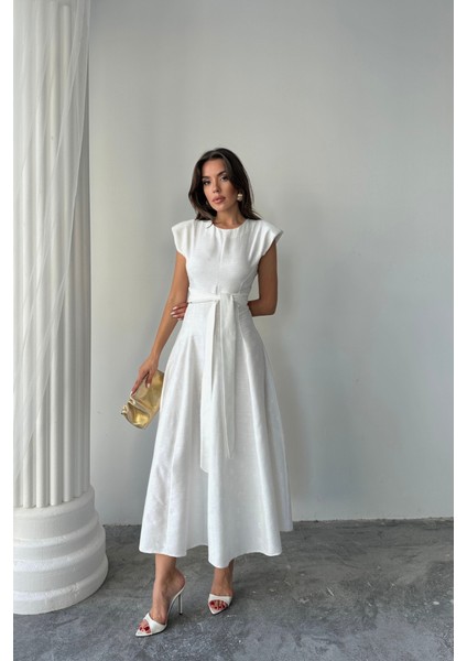 Mottisfashion Jakar Keten Vatkalı Elbise - Beyaz fiyatları