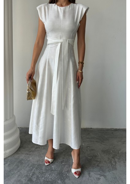 Mottisfashion Jakar Keten Vatkalı Elbise - Beyaz modelleri