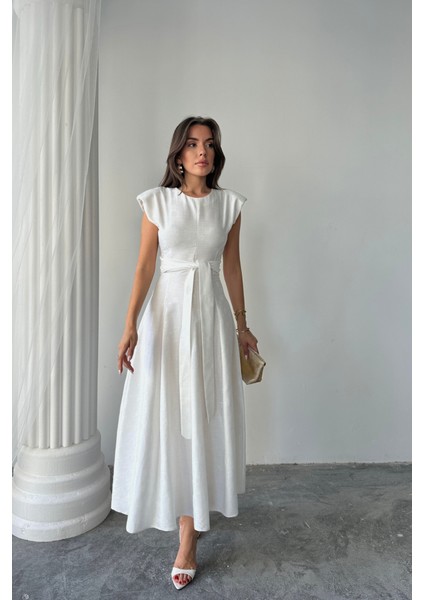 Mottisfashion Jakar Keten Vatkalı Elbise - Beyaz fırsatları